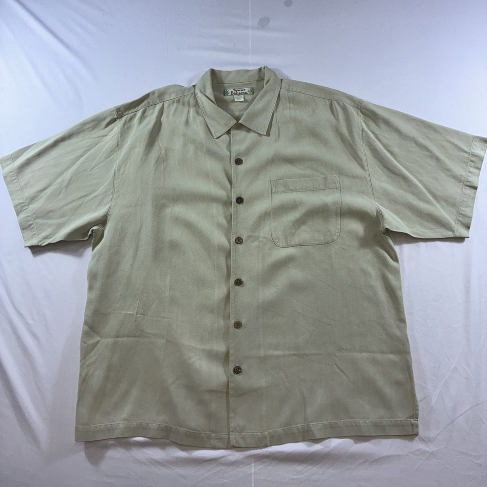 Tommy‎ Bahama Mens XL Silk Herringbone Camp Shirt Tan Beige Short Sleeve Pocket